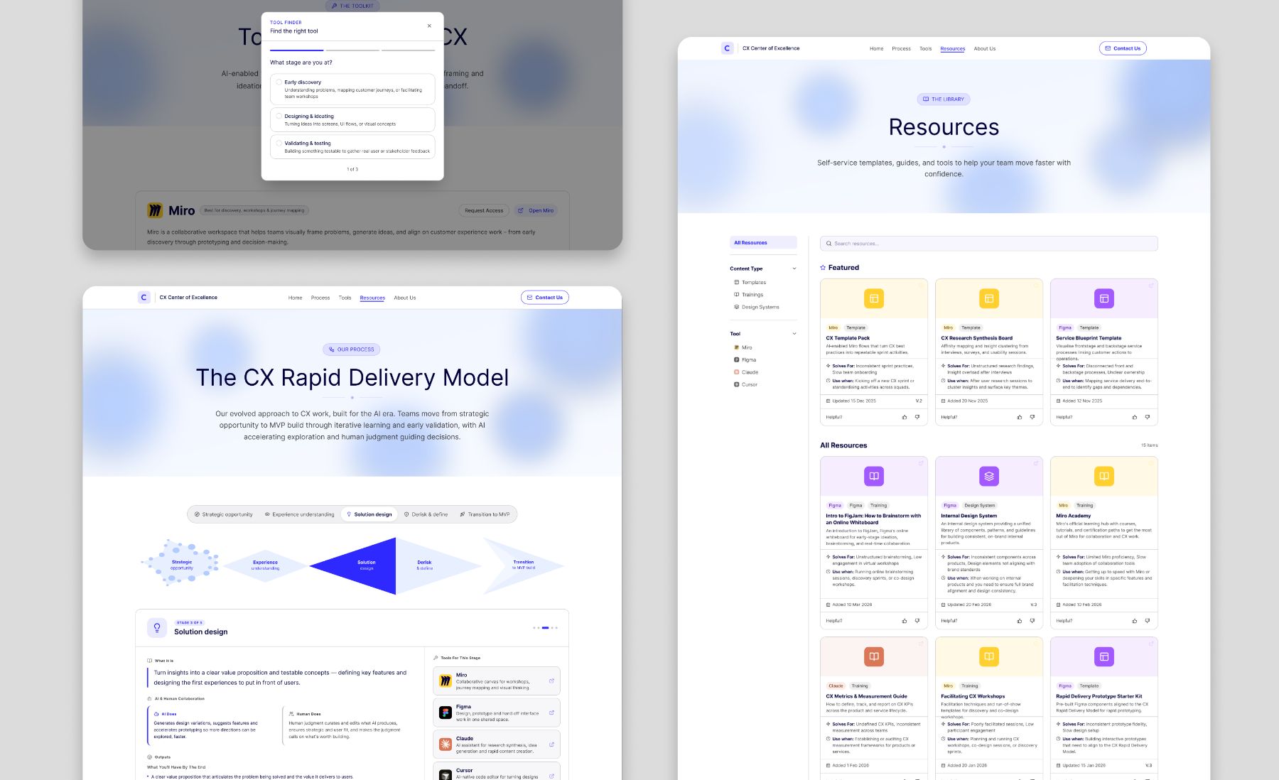 UX Centre of Excellence hub — whitelabeled web screens
